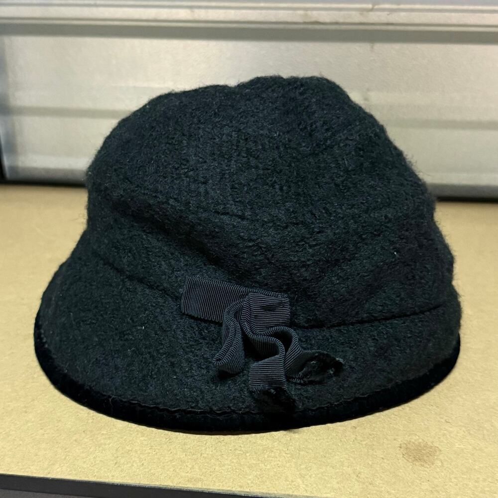arth Made in Japan Black Wool Blend Bucket Hat Cloche Bow Womens Size L